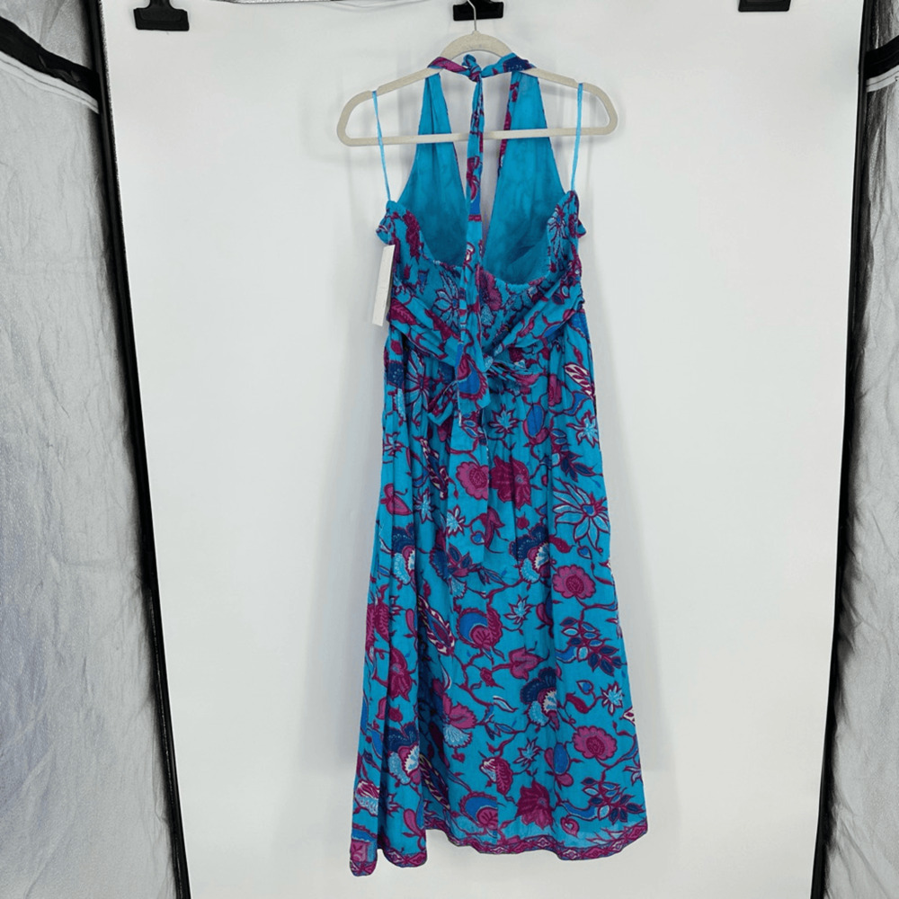 Caroline Constas Halter Fit Flare Smocked Maxi Dress XL Turquoise Gauze Cotton - Picture 5 of 16